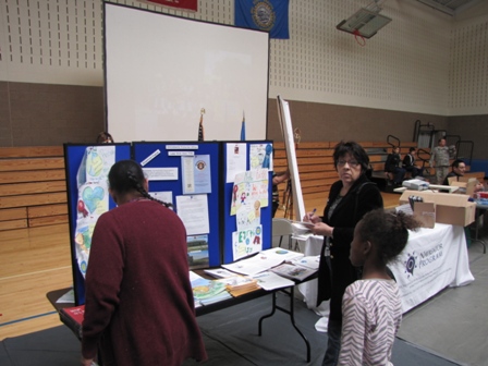 Woman showing two people a Brownfield presentation